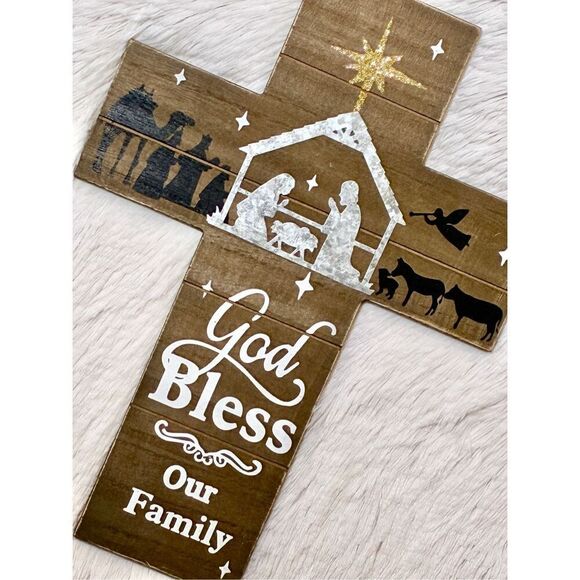 Christmas Nativity Scene Silhouette “God Bless Our Family” Wall Cross - Picture 7 of 9